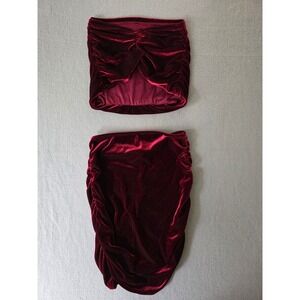 Day & Night Burgundy Red Velvet Ruched 2 Piece Set Strapless Top Mini Skirt XS